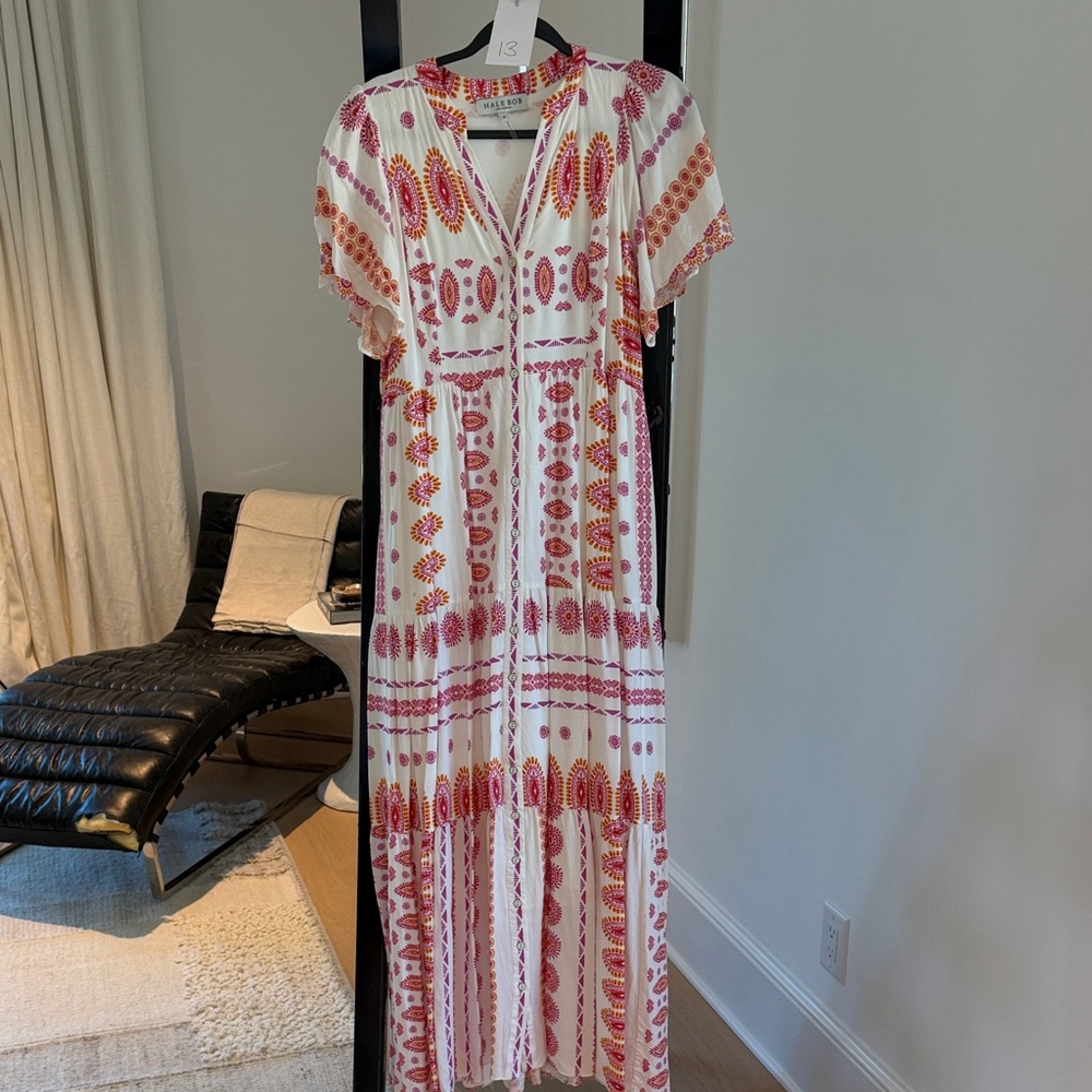 Hale Bob White Maxi Dress with Pink & Orange Print